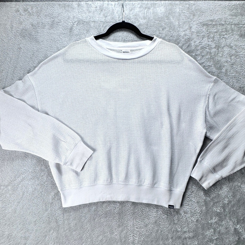 PINK Victorias Secret Womens White Waffle Mesh Open‎ Knit Crewneck Medium Active